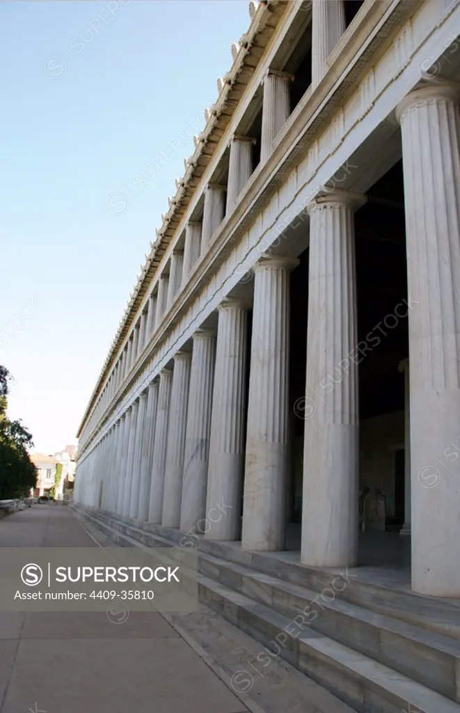 Greek Art. The Stoa of Attalos (Atallus). It was built by and named after King Attalos II of Pergamon who ruled between 159 BC and 138 BC. In the years 1953-1956 the Stoa was reconstructed. Ancient Agora from Athens. Central Greece. Attica. Europe.