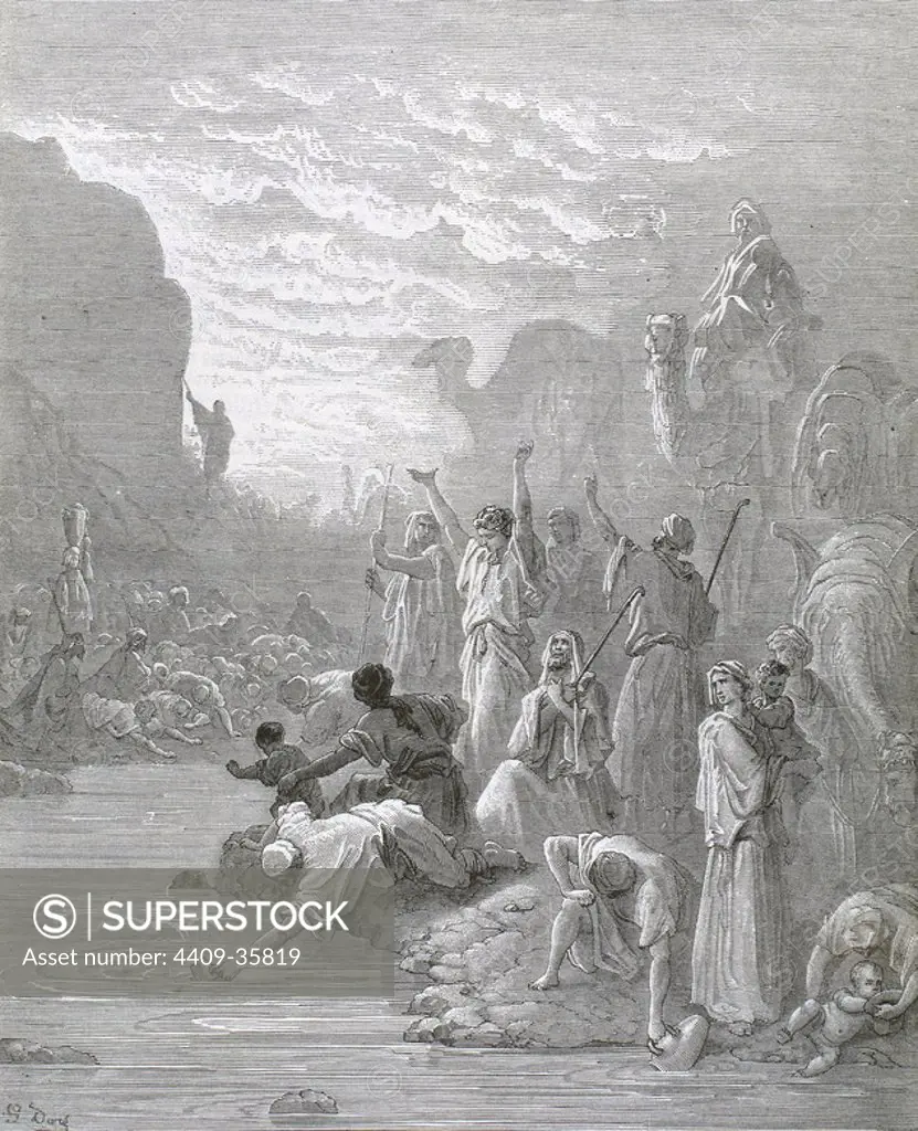 Moses brings forth water from the rock. Book of Exodus. G. Dore engraving.