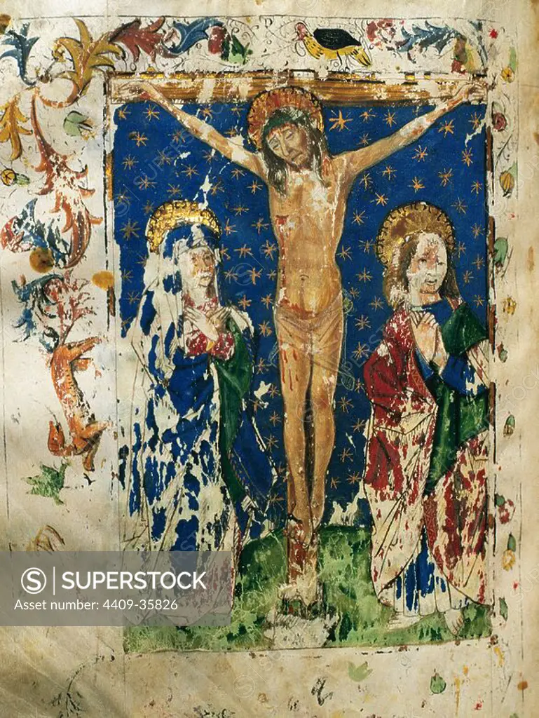 Codex 98. Missale Dominicale cum Kalendario. 14th century. Miniature depicting the Crucifixion of Jesus with the Virgin Mary and Mary Magdalene. Folio 66v. Chapter Archive of Tarazona. Spain.