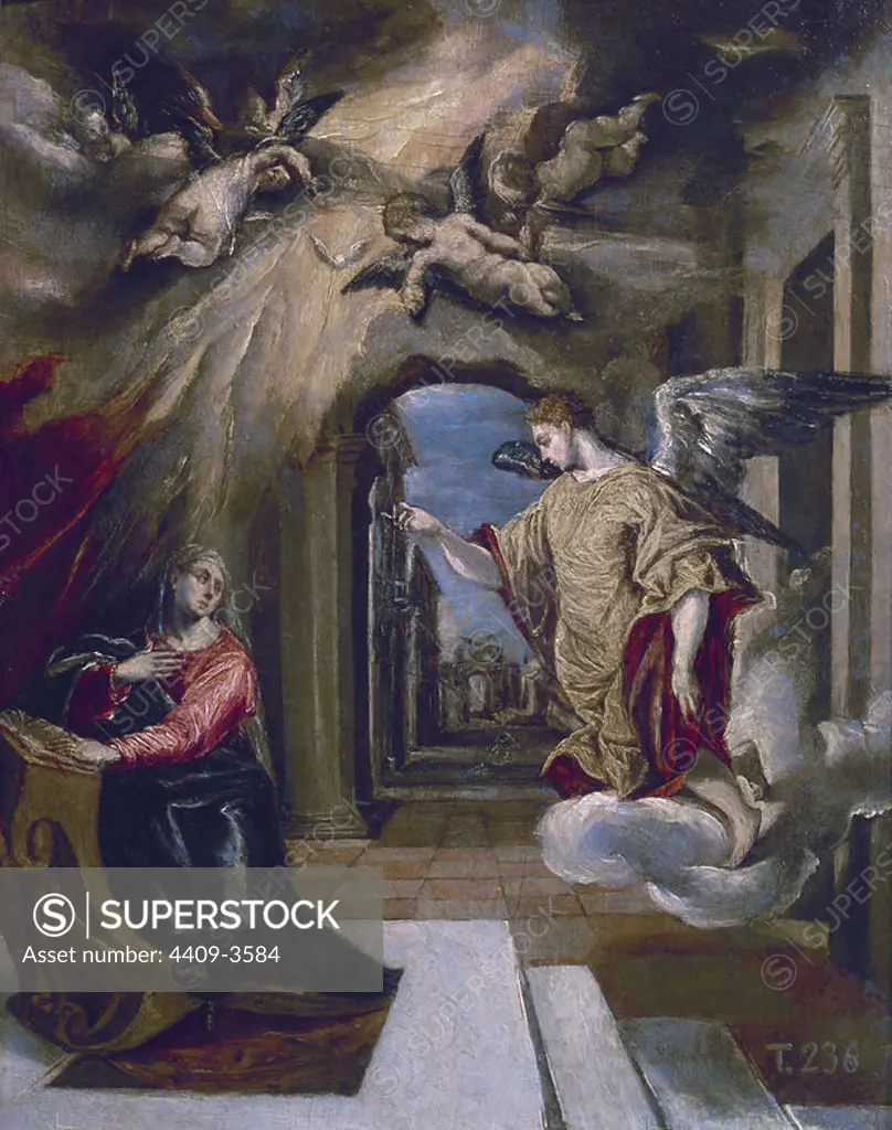 'The Annunciation', ca. 1570, Oil on panel, 26 cm x 20 cm, P00827. Author: EL GRECO. Location: MUSEO DEL PRADO-PINTURA. MADRID. SPAIN. ARCHANGEL GABRIEL. VIRGIN MARY. ESPIRITU SANTO.