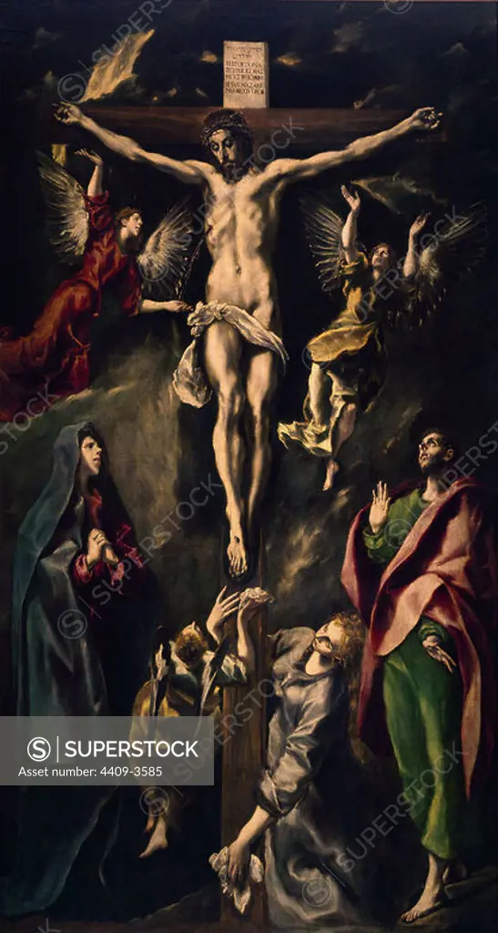 'The Crucifixion', 1597-1600, Oil on canvas, 312 cm x 169 cm, P00823. Author: EL GRECO. Location: MUSEO DEL PRADO-PINTURA. MADRID. SPAIN. JESUS. MARY MAGDALENE. VIRGIN MARY. CRISTO CRUCIFICADO. XXX. SAN JUAN EVANGELISTA Y APOSTOL.