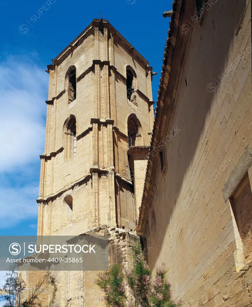 Spain. Aragon. Alcaniz. Bell tower (14th century) of the ancient Church of Saint Mary Major, on which they built the Collegiate Church of Saint Mary Major (17th and 18th centuries).