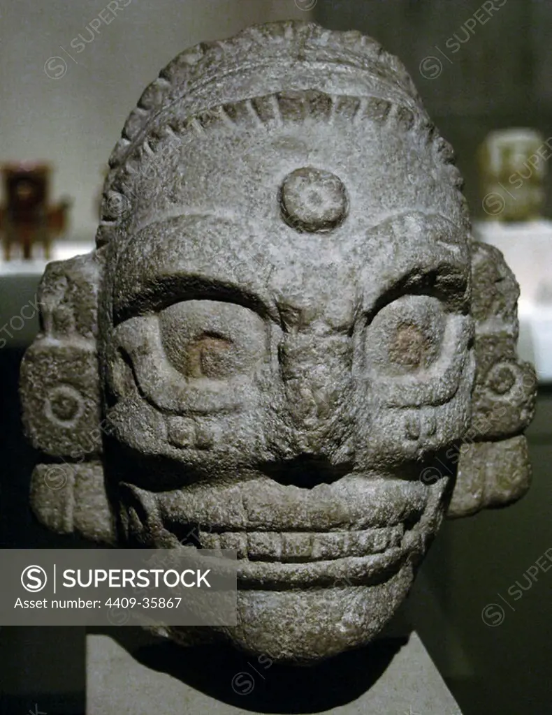 Pre-Columbian Art. Maya-Toltec. Head of the god of rain. Dated between eleven to twelve. centuries. It comes from Chichen-Itza (Mexico). Metropolitan Museum of Art. New York. United States.