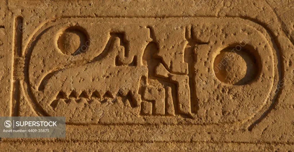 Hieroglyphic writing. Royal protocol of Ramses II. Fourth title: Fourth title: King of Upper and Lower Egypt. 19th Dynasty (1320-1200 b.C.). Temple of Karnak. Luxor. New Empire. Egypt.