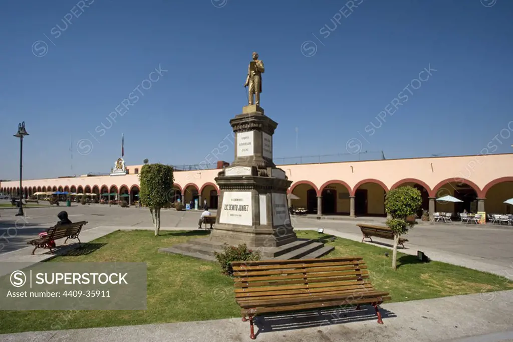 Mexico. Cholula. Zocalo Square with Portal Guerrero. First of all, monument to Benito Juarez (1806-1872).