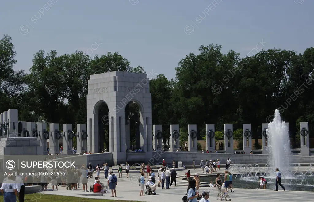 Tourists at National World War II Memorial. Washington D.C. United States.