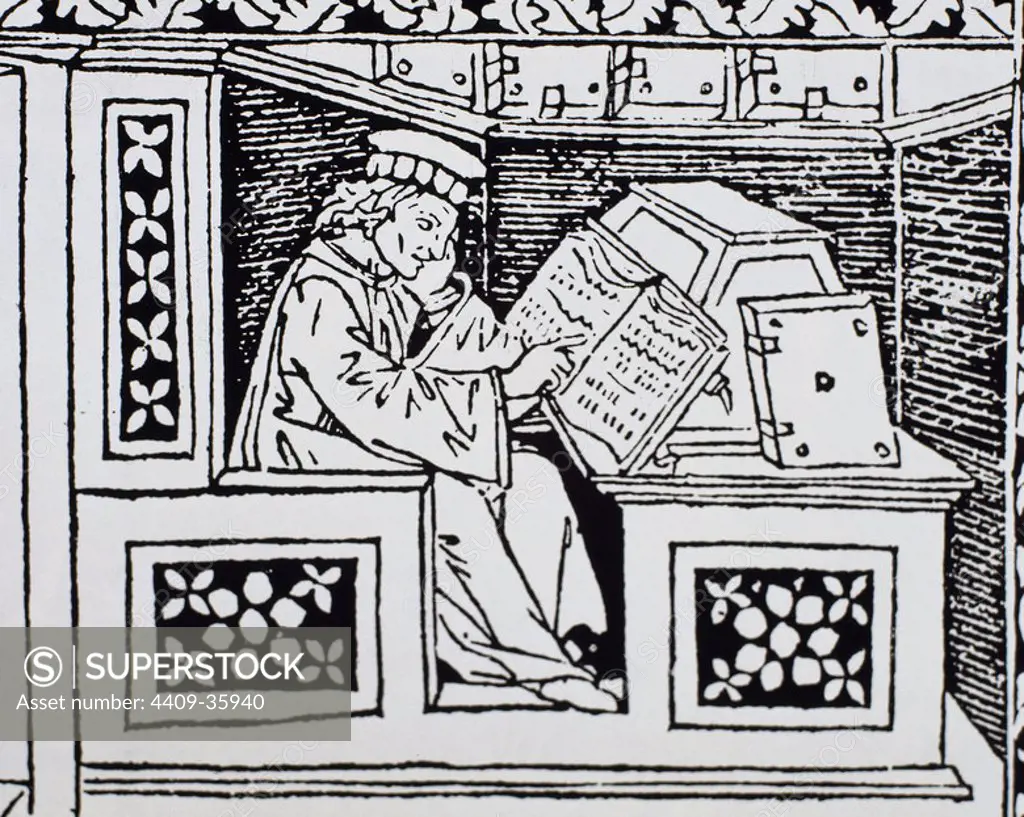 Monk at his desk. 15 century engraving from the "Book di Scacchi".