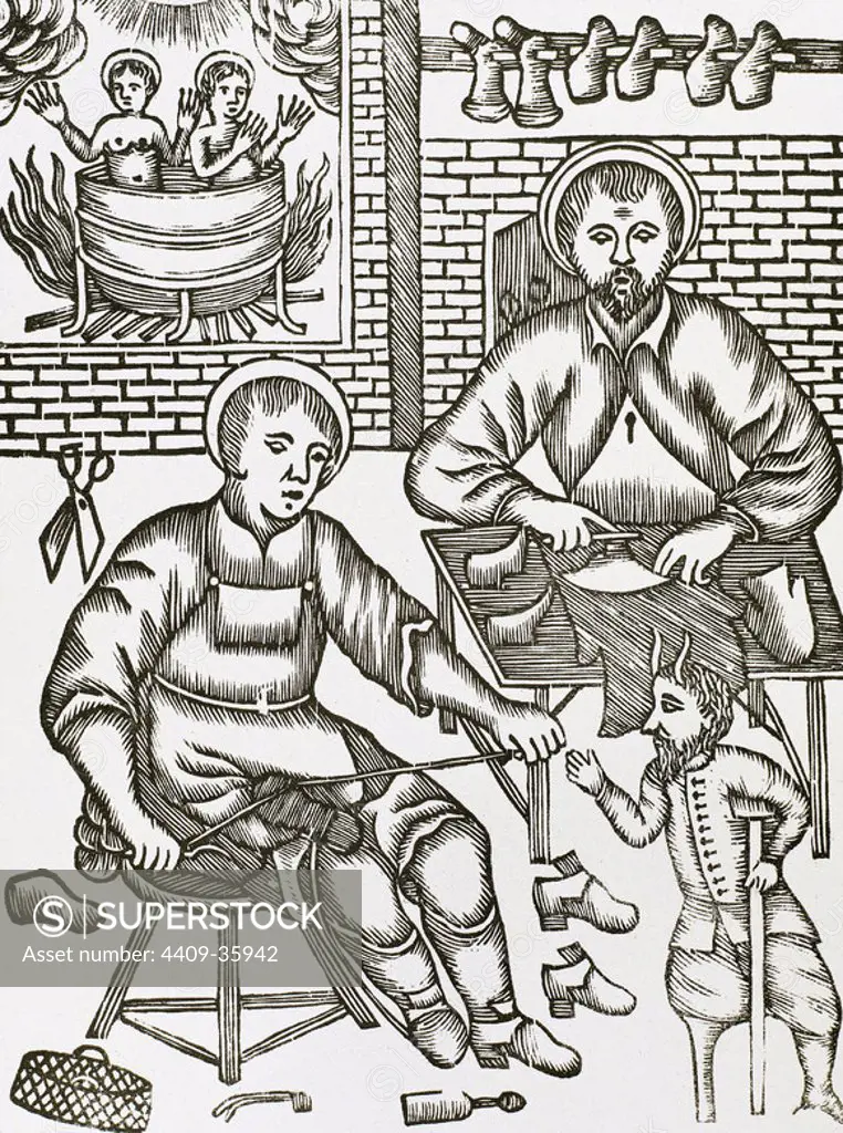 Two Saints make shoes being tempted by the devil. Engraving.