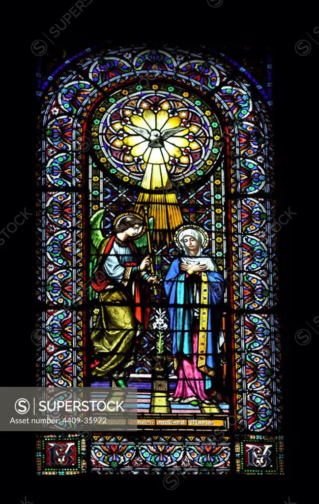 Stained glass window depicting the Annunciation. Montserrat Abbey. Catalonia. Spain.