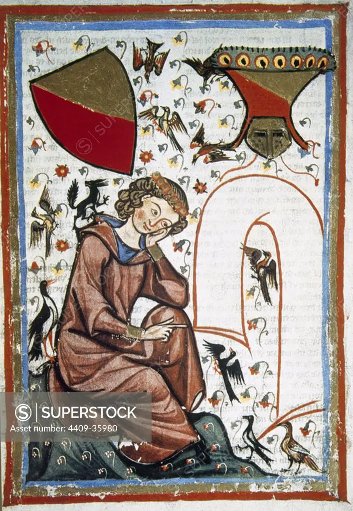 Hendrik van Veldeke (c.1140/1150-before 1210). German poet. Codex Manesse (ca.1300) by Rudiger Manesse and his son Johannes. Fol. 30r. University of Heidelberg. Library. Germany.