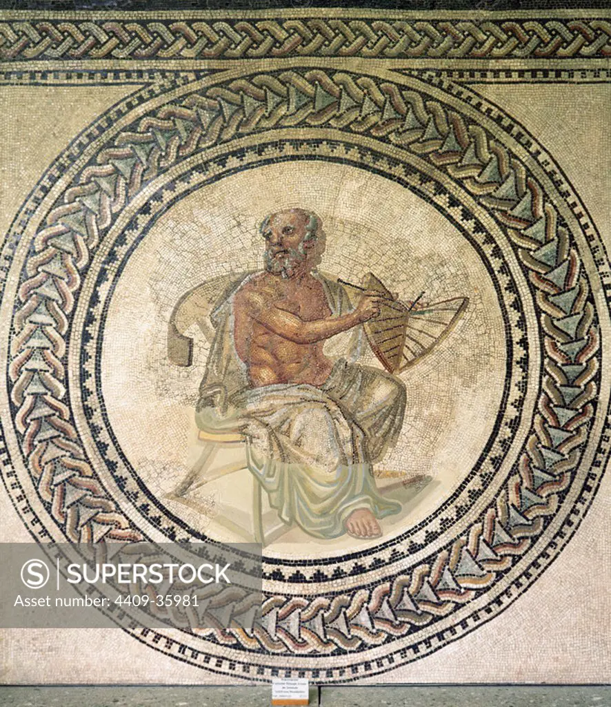 Anaximander (610- 546 BC). Pre-Socratic Greek philosopher who lived in Miletus. He belonged to the Milesian school and learned the teachings of his master Thales. Anaximandder with a sundial. Roman mosaic. 3rd century. Landesmuseum. Trier. Germany.