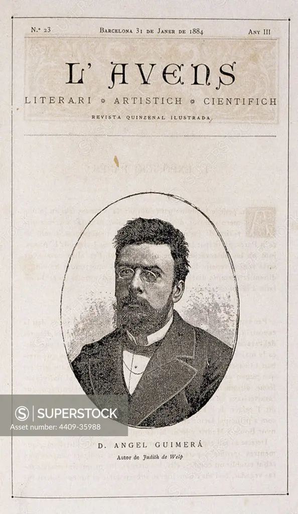 L'Avenc. Catalan literary and artistic magazine, founded in Barcelona in 1881. Cover of a copy of the January 31, 1884 with a portrait to Angel Guimera.