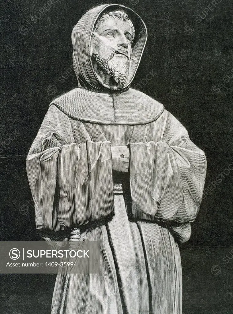 Saint Francis of Assisi (Giovanni Francesco di Bernardone (1181/1182-1226) . Catholic friar and preacher. He founded Franciscan orders of the Friars Minor, the womanÕs Order of St. Clare, and the lay Third Order of Saint Francis. Eengraving.