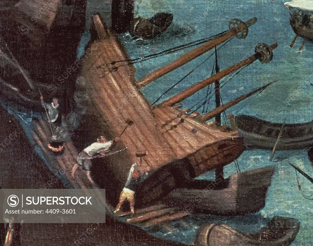 View of Sevilla (detail repairs of a boat). 16th century. Madrid, American museum. Spain. Author: Attributed to SANCHEZ COELLO. Location: MUSEO DE AMERICA-COLECCION. MADRID. SPAIN.