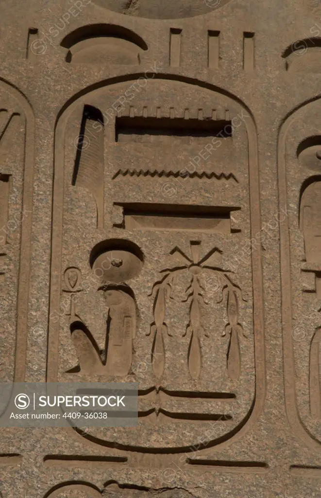 Hieroglyphic writing. Cartridge wirh the royal protocol of Ramses II. Obelisk of Ramses II. Temple of Luxor. Dynasty XIX (1320-1200 B.C.). New Empire. Egypt.
