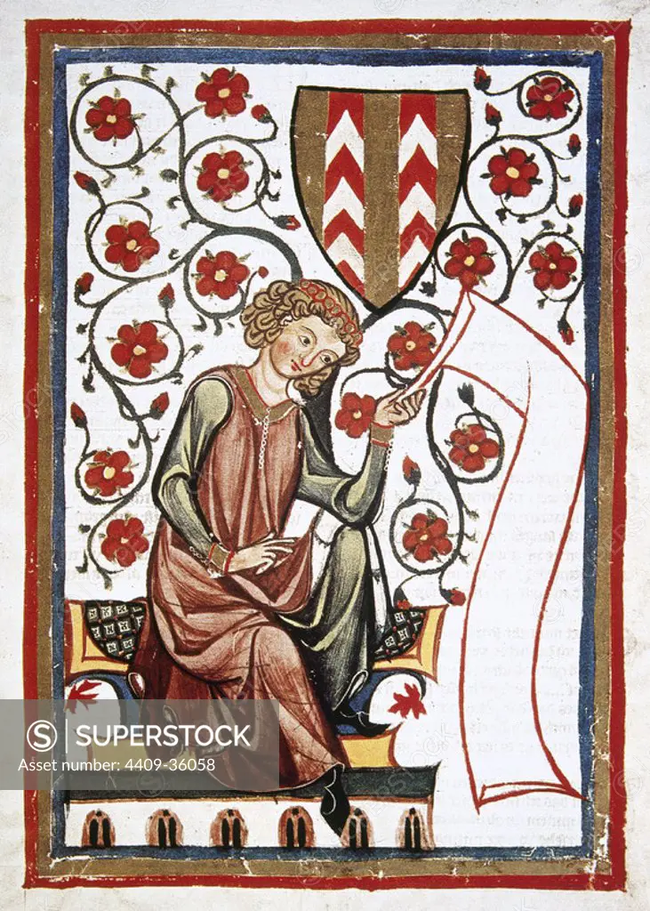 Count Rudolf von Fenis-Neuenburg, Swiss poet died in the 12th century, meditating with a roll of parchment. Codex Manesse (ca.1300) by Rudiger Manesse and his son Johannes. Miniature. Folio 20r. University of Heidelberg. Library. Germany.