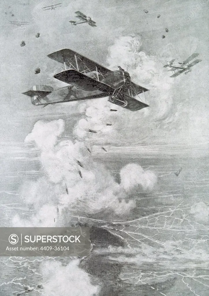 FIRST WORLD WAR (1914-1918). Breguet aircraft bombing. Drawing by Etienne Cournault."La Ilustracio´n Francesa" (1918).