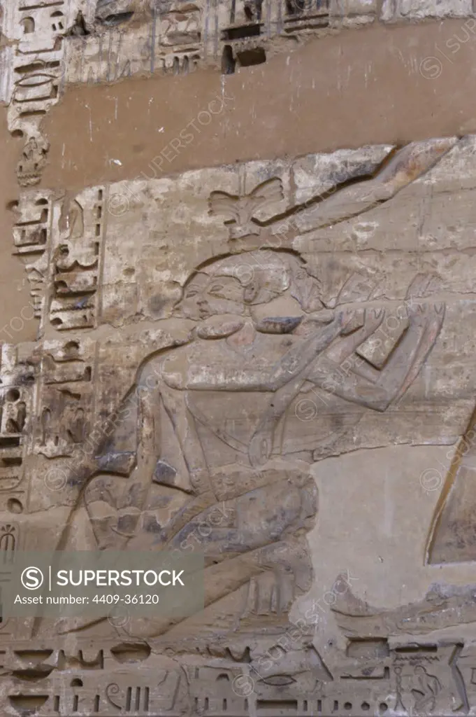 Temple of Ramses III. Relief depicting war prisoners. New Kingdom. (1550-1069 b.C). Twentieth dynasty. Thebes. Medinet-Habou. Egypt.