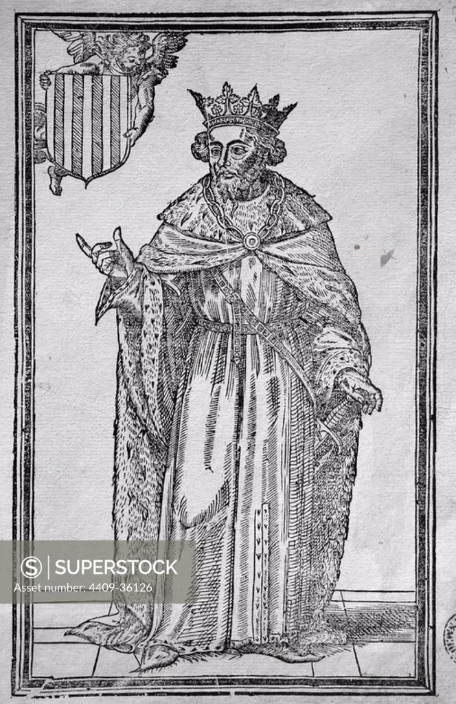 James I The Conqueror (1208-1276). King of Aragon, Valencia and Majorca. Engraving of the first edition of the Chronicle printed by Joan de Mey in Valencia, 1557.