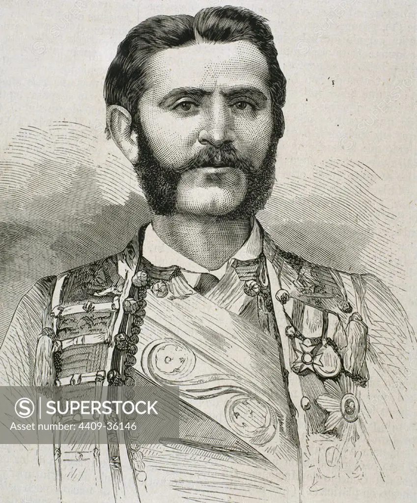 Nicholas I (1841- 1921). Prince (1860-1910) and King of Montenegro (1910-1918). Acceded to the throne after the murder of his uncle Danilo I (1860). Engraving. 1875.