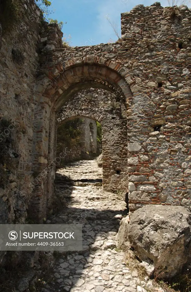 Greece. Mystras. Gate of Monemvasia, also know as Sideroporta (Iron Gate). 13th Century. Fortified gate. Peloponnese.