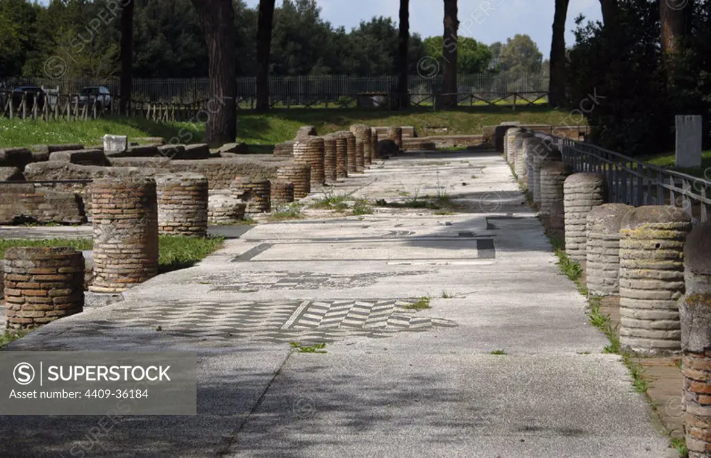 Ostia Antica. Square of the Guilds or Corporations. Overview. Near Rome.