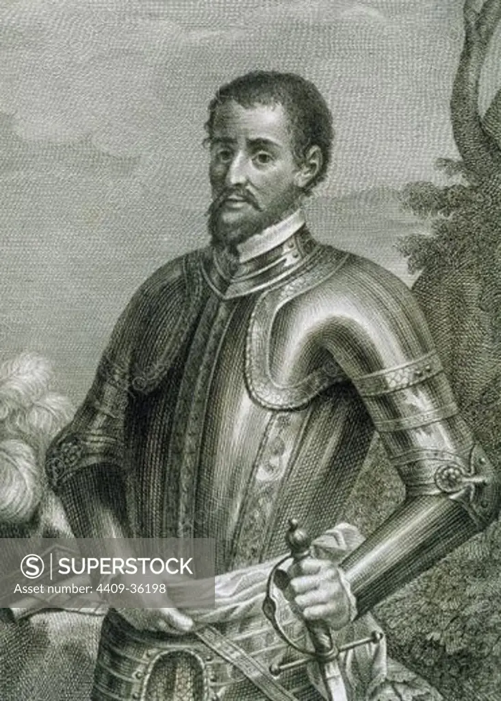 HERNANDO DE SOTO (1500-1542). Conquistador español. Participó en el descubrimiento y conquista de Nicaragua y Florida (1538). Grabado.
