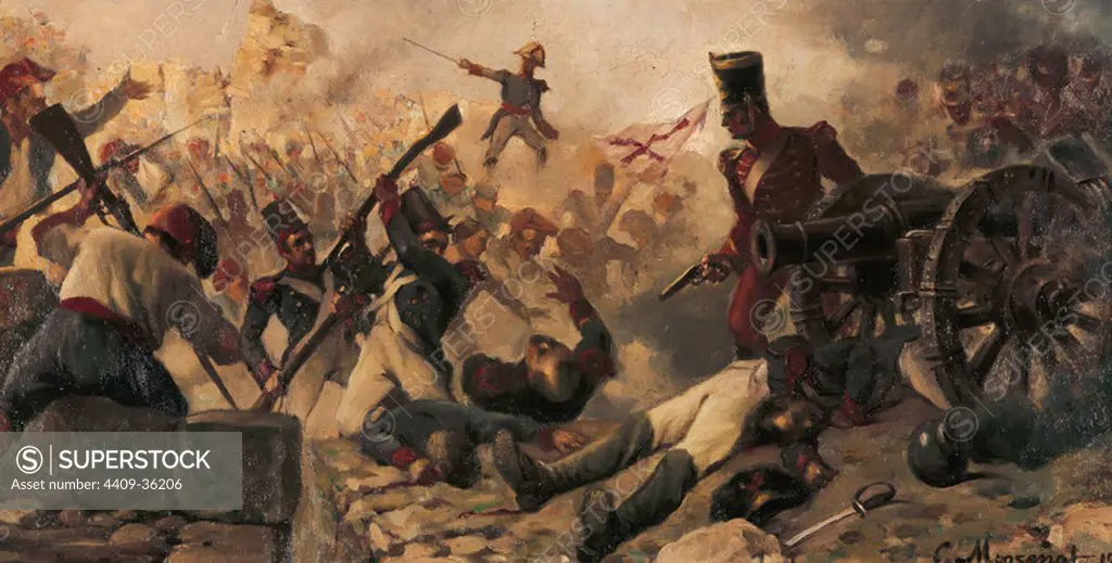 Spanish War of Independence (1808-1814). Napoleonic wars. Siege of Girona, 1809. "Defense of the Gironella tower", by Spanish painter Cristobal Montserrat i Jorba (1869-1935). This tower was part of the fortification. Museum of the Army. Madrid. Spain.
