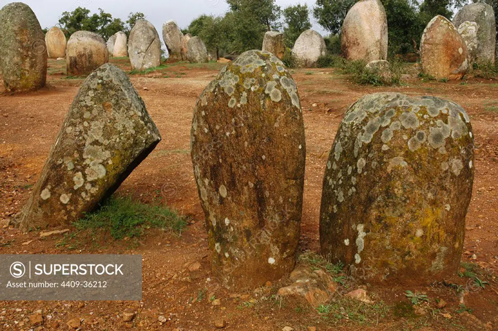 The Cromlech of the Almendres. Megalithic complex: Cromlechs and menhirs stones. 6th millennium BC. Neolithic. Near Evora. Alentejo region. Portugal.