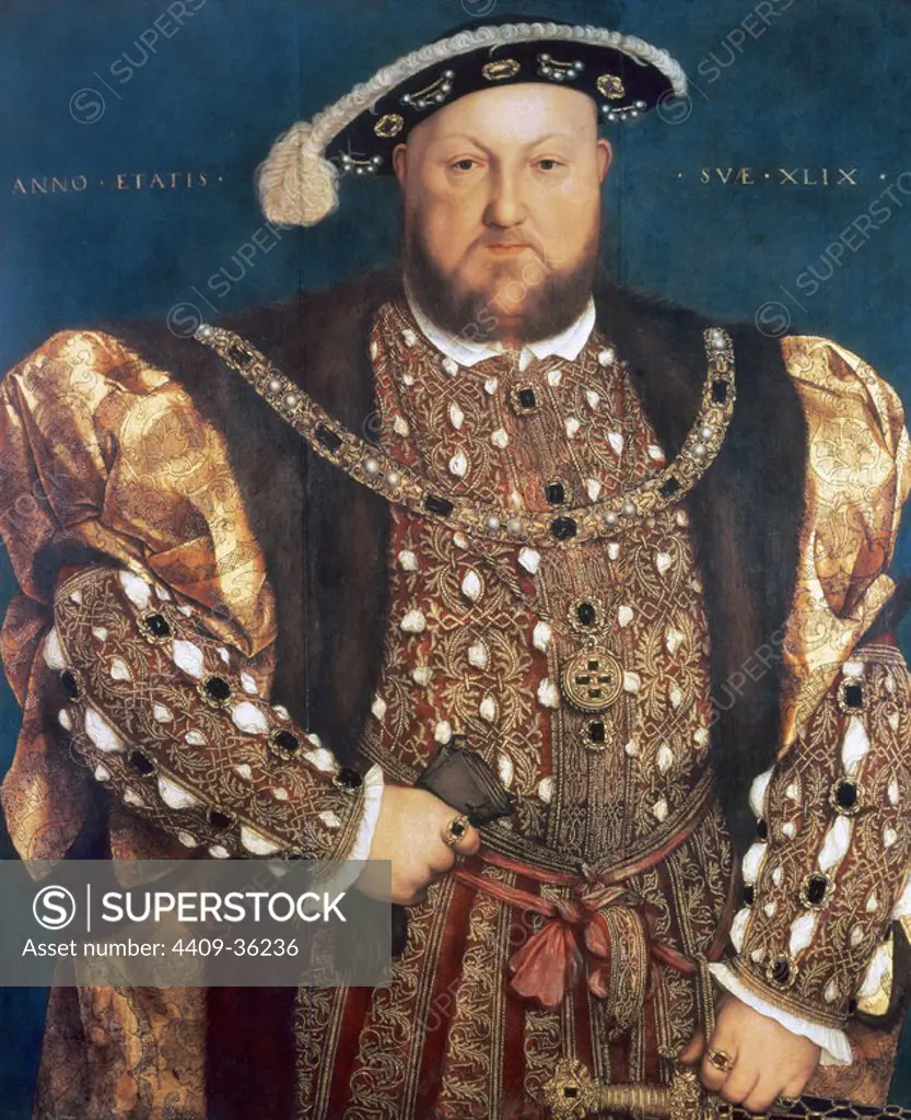 Henry VIII (1491-1547). King of England from 1509-1547. Portrait by Hans Holbein the Younger (1497-1543). Oil on panel, 1540. The painting has the inscription "Anno Aetatis suae XLIX" (His year of age, 49). Palazzo Barberini. Rome. Italy.