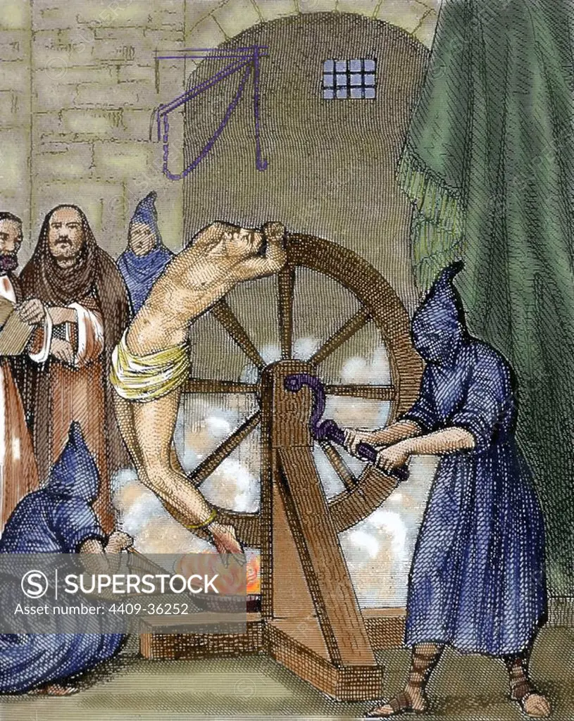 Inquisition. Instrument of torture. Wheel of Fortune. Colored engraving.