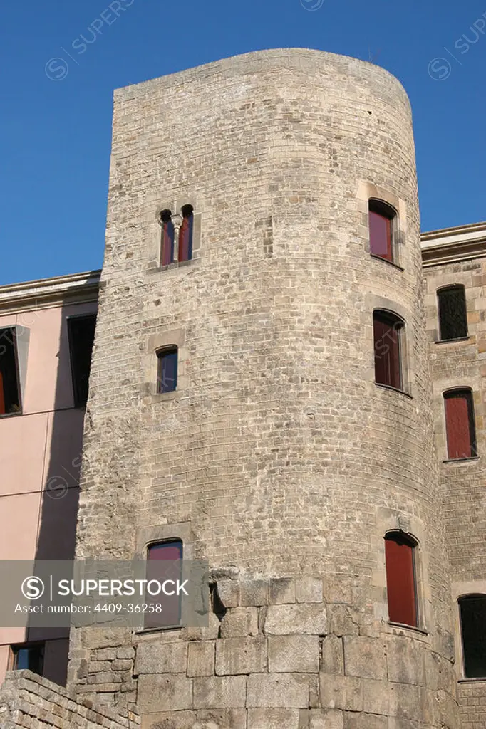 Roman Art. Ruins of the roman wall, incorporated into later buildings. Tower of Gateways "Praetoira Gate", inside in medieval building (XII AD). Square "Nova". Barcelona. Catalonia. Spain. Europe.