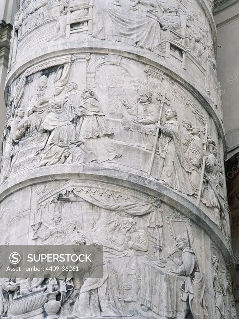 Baroque Art. Karlskirche or Church of St. Charles Borromeo (1716-1737). Column on the left side of the church, decorated with spirals. Detail depicting scenes from the life of St. Charles Borromeo. Vienna. Austria.