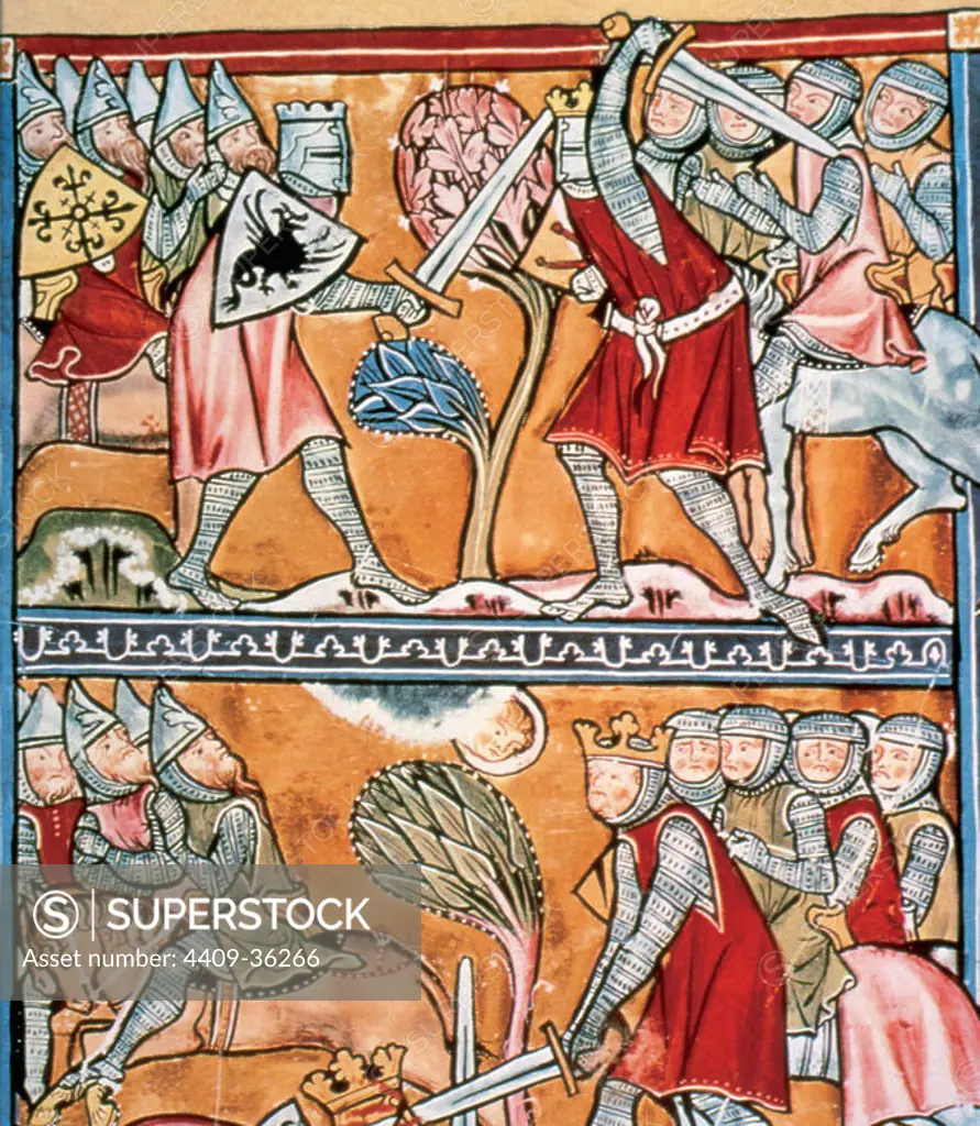 Charlemagne (742-814). King of the Franks (768-814,) the Lombards (774-814) and emperor of the Romans (800-814). Miniature. Charlemagne and paladins fighting against priests. 13th century.