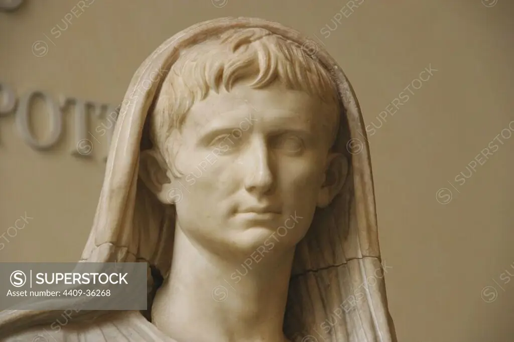 Augustus (61 BC-14 AD) as Pontifex Maximus. First emperor of the Roman Empire. Marble statue. Roman National Museum. Rome. Italy.