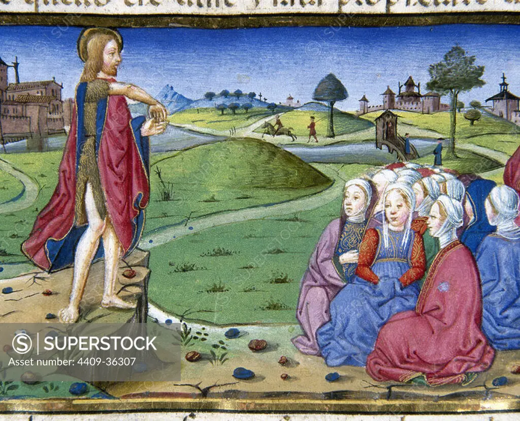 John preaches and baptizes. Codex of Predis (1476). Royal Library. Turin. Italy.