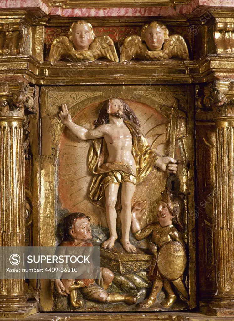 Relieve policromado con la representación de LA RESURRECCION DE CRISTO situado en el retablo COLEGIATA DE SAN PEDRO (s. XII). CERVATOS. Campoo de Enmedio. Cantabria. España.