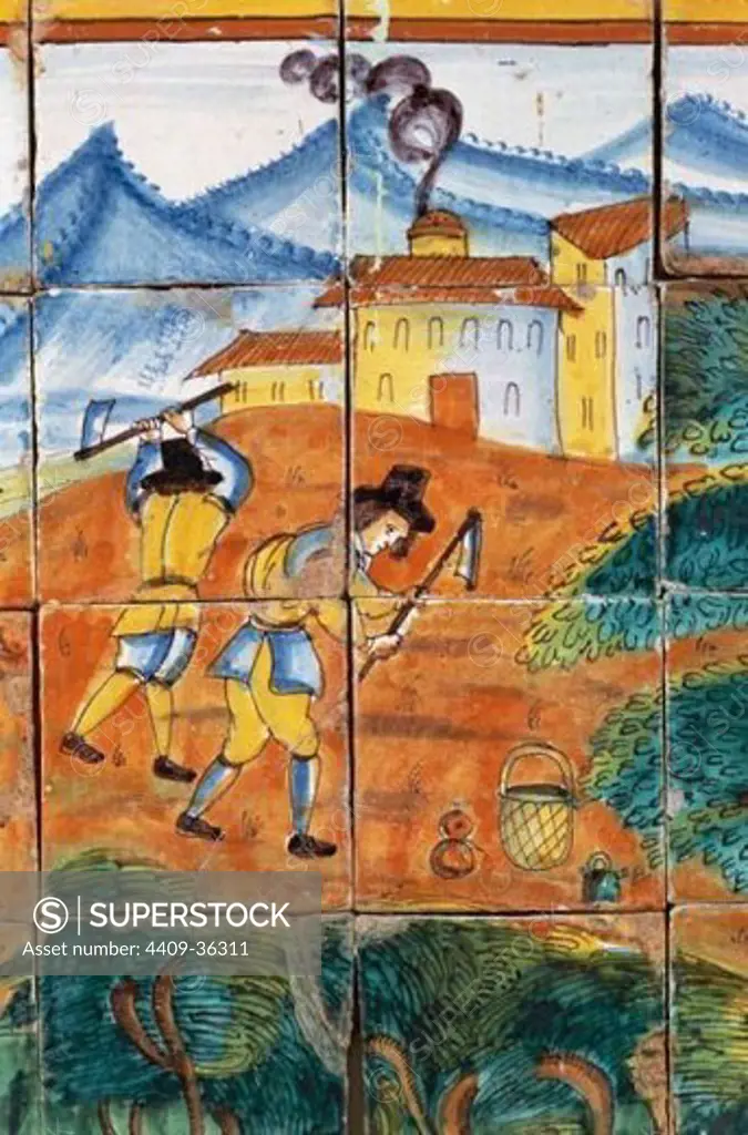 Farmers. Life of St. Isidore the Laborer and his wife Santa Mari´a de la Cabeza. Composition of the 17th century tiles that adorned a chapel in the village church of Saint Antoninus. County Museum of Cervera. Province of Lleida. Catalonia. Spain.