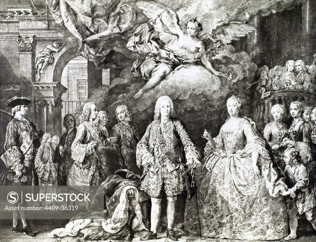 Ferdinand VI of Spain (1713-1759). The Learned. King of Spain. Ferdinand VI and his wife Barbara of Braganza and his court. Engraving, 18th century.