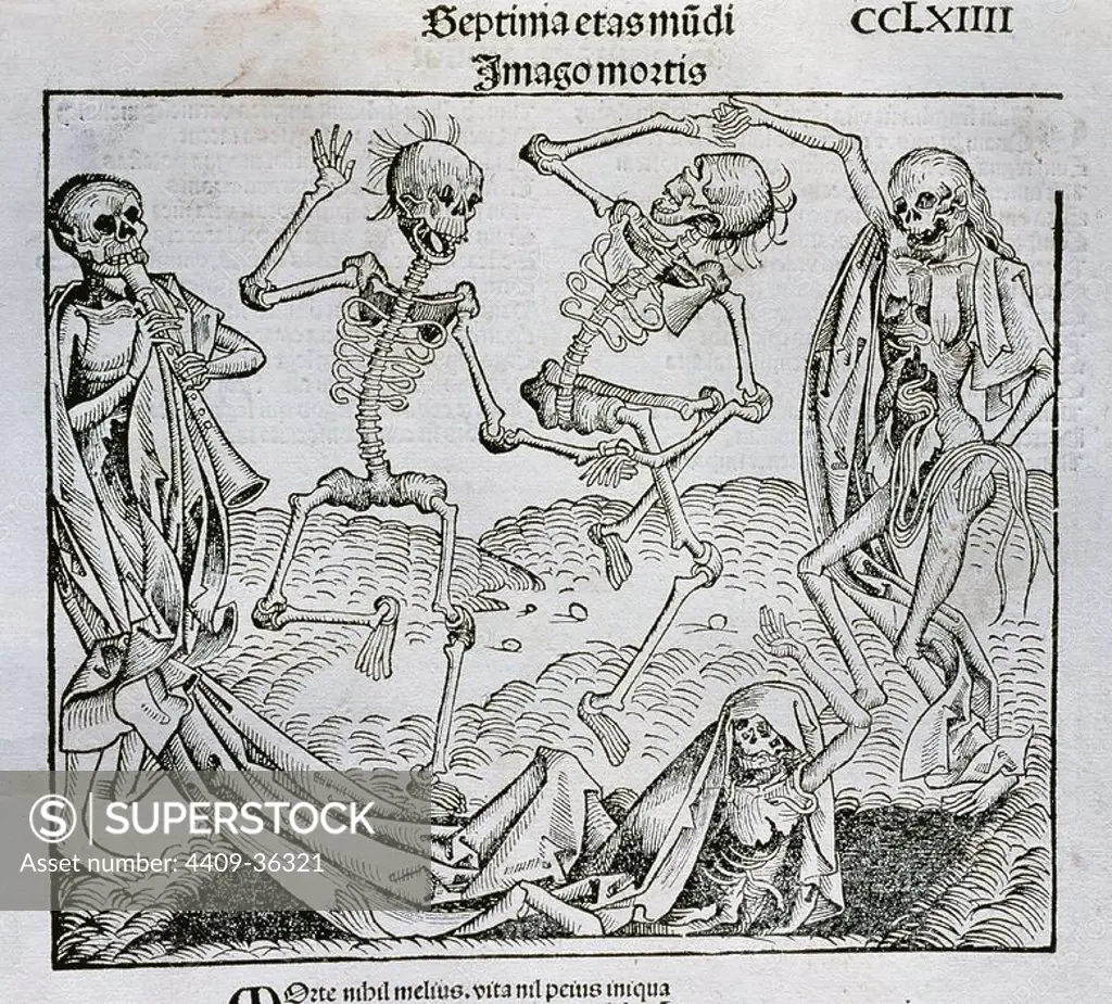 'La Danza de la Muerte' (1493). Ilustración realizada por el pintor y grabador alemán Michael Wolgemut (1434-1519) para la 'Crónica de Nuremberg' (conocida también como 'Historia mundi' o 'Liber chronicarum'), obra del humanista alemán Hartmann Schedel (1440-1514). Grabado.