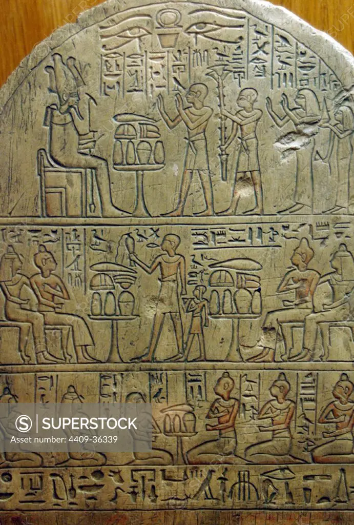 Egyptian Art. New Empire. Stele depicting offerers. Museum of Fine Arts. Budapest. Hungary.