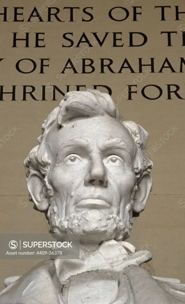 Abraham Lincoln (1809-1865). American politician. Elected president in 1860. Monumental statue (1920) by Daniel Chester French. Detail. Lincoln Memorial. Washington D.C. United States.