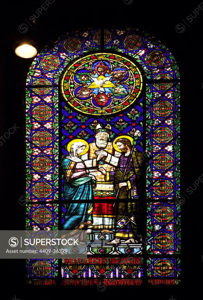 Stained glass window depicting the Marriage of Joseph and Mary. Montserrat Abbey. Catalonia. Spain.