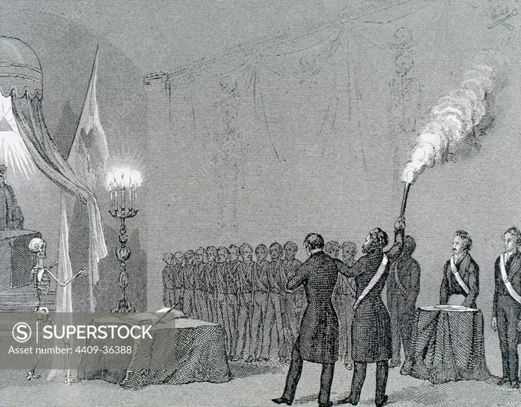 Secret Societies (nineteenth century). Initiation ceremony of a new member. Engraving.