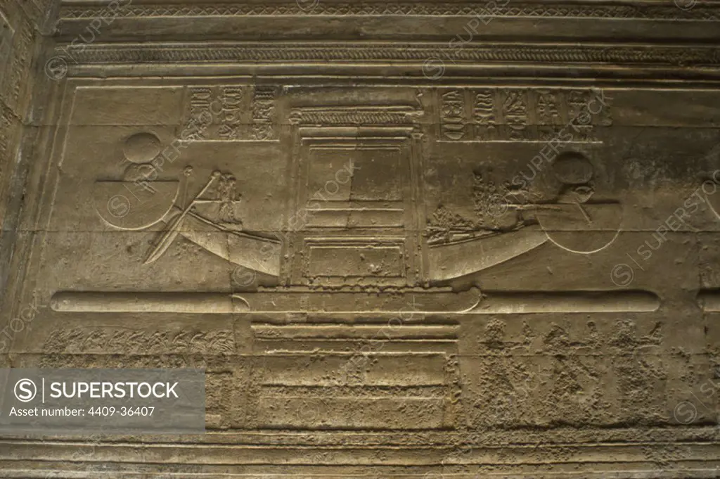 Egyptian Art. Dendera. Hathor Temple. Relief depicting the Horu's boat.