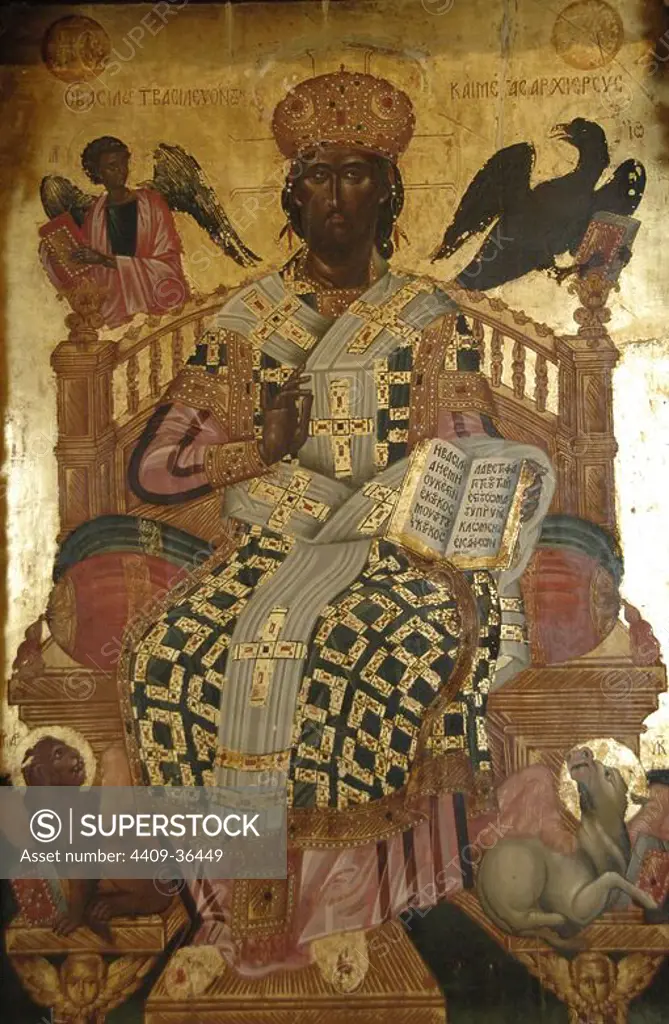 Wooden iconostasis by Angelos Masketis from the church of the Pantocratoras, 1683. Christ in Majesty. Byzantine Museum. Zante. Ionian Islands. Greece.