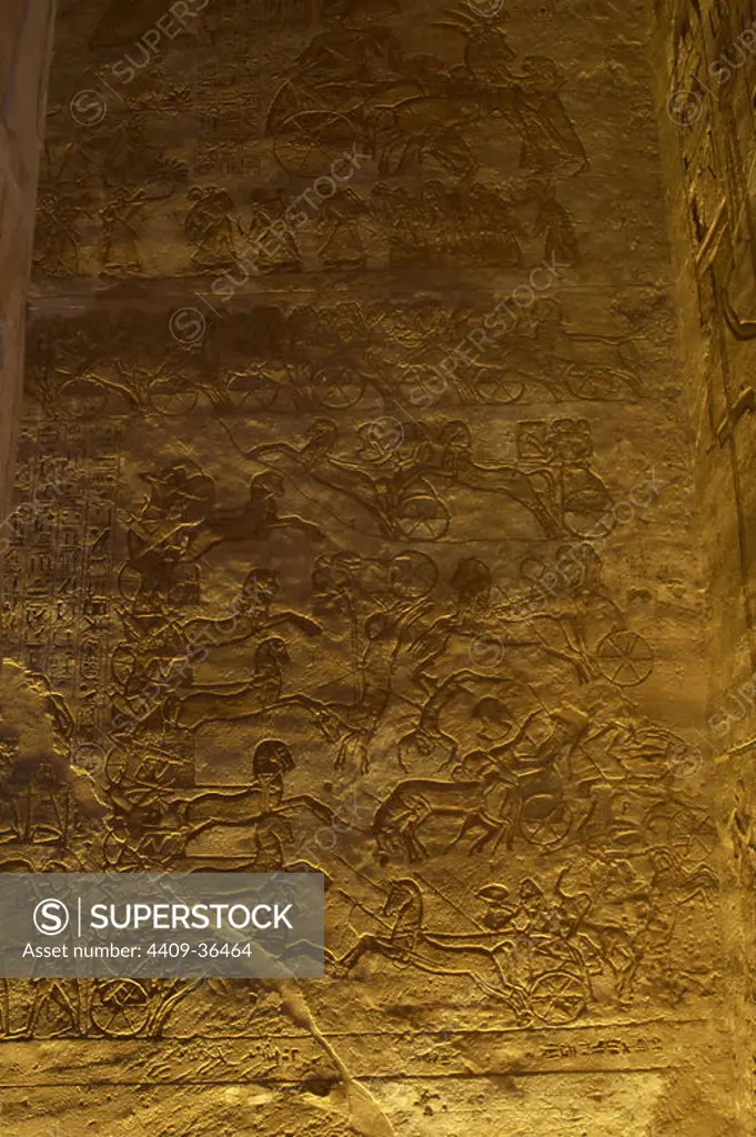 Egyptian art. Great Temple of Ramses II. 19th Dynasty. Military campaign against the Hittites. Battle of Kadesh. New Kingdom. Abu Simbel. Egypt.