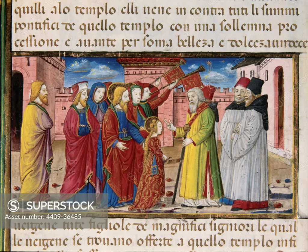 Mary offered to the High Priests. Codex of Predis (1476). Royal Library. Turin. Italy.