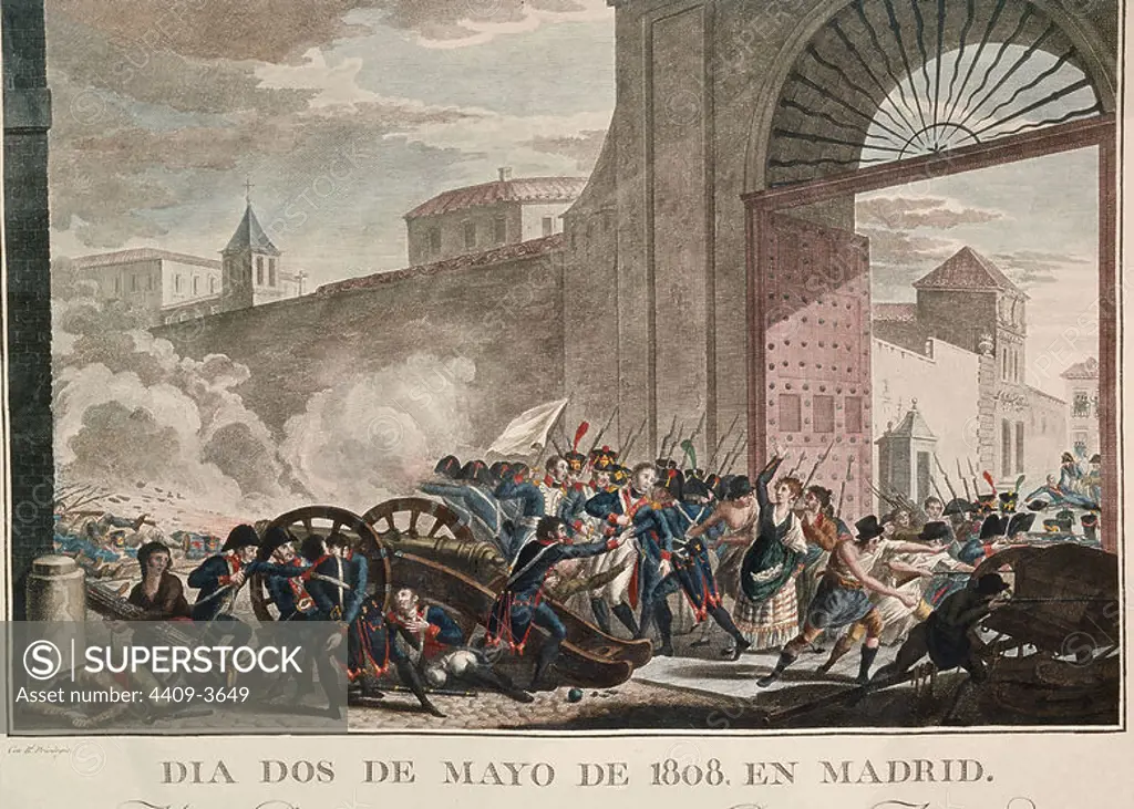 On May 2, 1808, Daoiz and Velarde die while defending the artilley park in Madrid. 19th century. Madrid, library of the royal palace. Location: PALACIO REAL-BIBLIOTECA. MADRID. SPAIN. DAOIZ LUIS. VELARDE PEDRO.