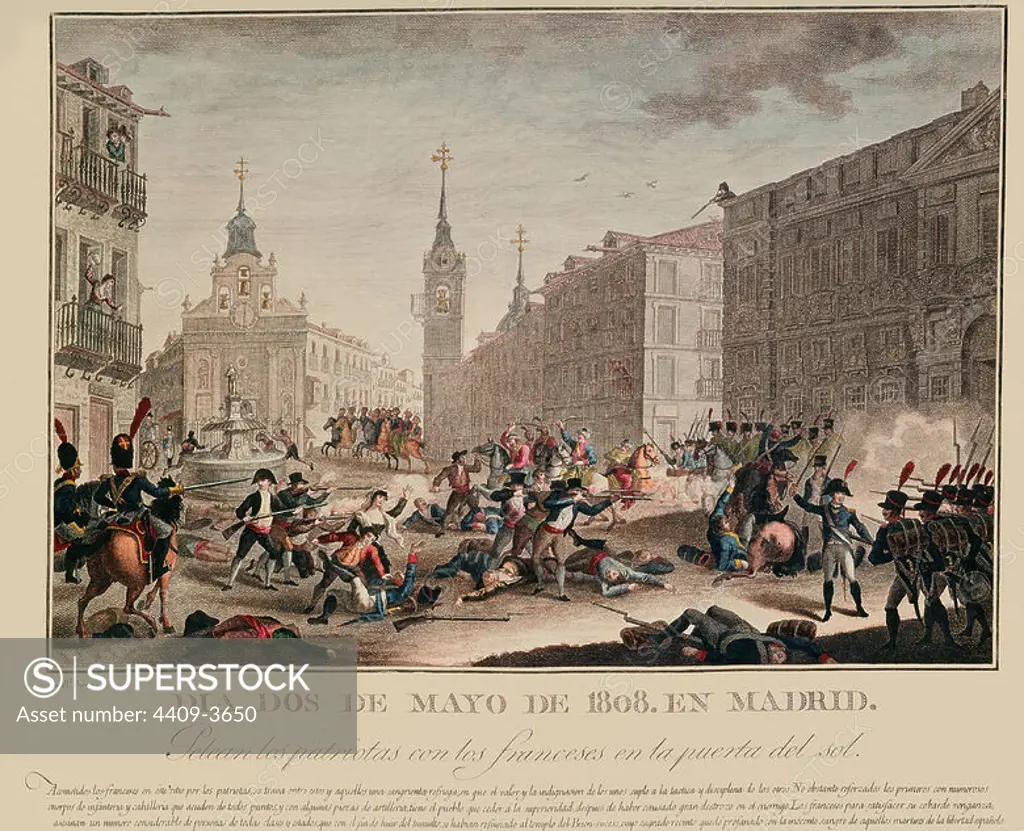 Engraving. 2 May 1808. Fight with the French at the Puerta del Sol. Madrid, Royal palace library. Location: PALACIO REAL-BIBLIOTECA. MADRID. SPAIN.